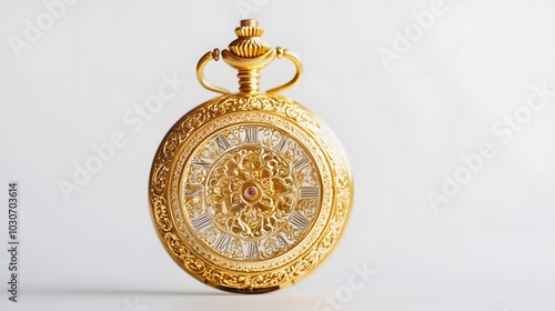 One antique gold pocket watch with intricate filigree, soft focused lighting emphasizing its craftsmanship, luxurious and historical design, bright white background, timeless and elegant mood