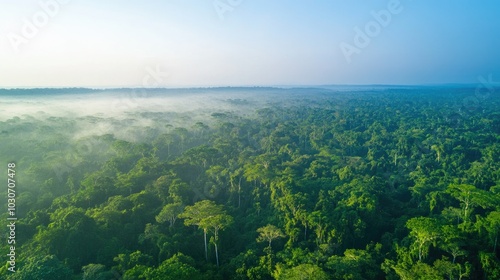 Aerial view of the Amazon rainforest canopy with a wide, clear sky for copy space