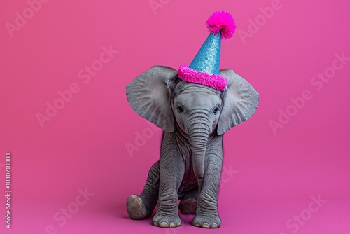 A young elephant is adorned with a colorful party hat featuring a pink pom-pom. It sits contentedly against a vibrant pink backdrop, radiating joy and playfulness