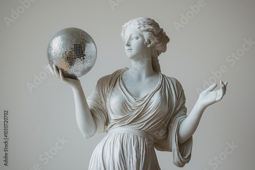 Ancient Greek statue with disco ball. A mirror disco ball in sculpture's hand, modern art, roman statue, nightlife concept, glam and chic