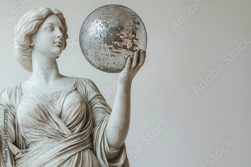 Ancient Greek statue with disco ball. A mirror disco ball in sculpture's hand, modern art, roman statue, nightlife concept, glam and chic