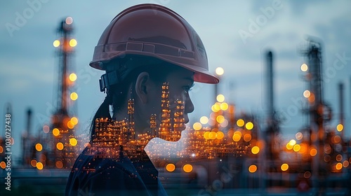 Double exposure of an engineer in a safety helmet and an oil plant, showcasing the synergy of industrial, technology, safety, and environmental work concepts in petroleum and management. High