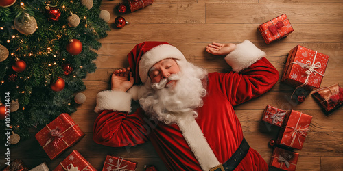 Santa Claus in red outfit surrounded by Christmas presents. Father Christmas bringing gifts to nice children. Top down view.