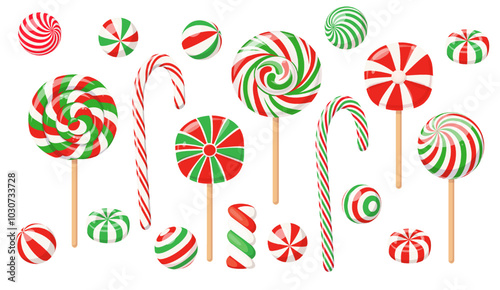 Christmas lollipops, candy canes and peppermint sweets with spiral red and green stripes and swirls. Hard sugar candies and caramels on sticks, striped Xmas lollipops, vector cartoon set