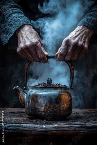 Unas manos envejecidas sostienen un viejo hervidor de té de metal mientras el vapor asciende, creando una escena de calidez y tradición. 