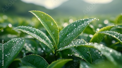 Primer plano de hojas de té cubiertas de gotas de rocío, brillando bajo la luz del amanecer en un campo de cultivo. 