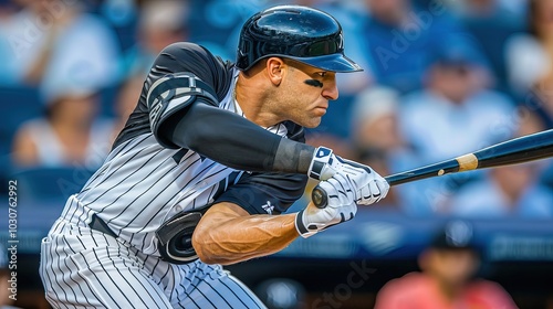 Close-up of professional baseball player gripping bat with intense focus, preparing to hit pitch during high-stakes playoff game, capturing the electrifying atmosphere of a crucial moment in baseball