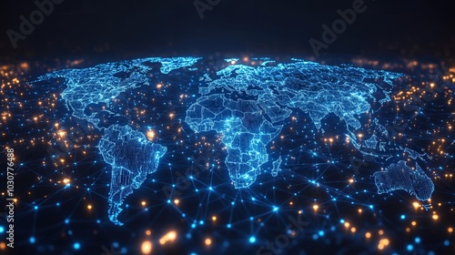 A digital world map visualizes AI-managed global supply chains, highlighting container ship routes for efficient international trade