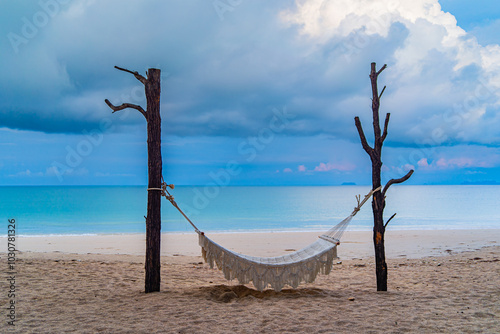 Hammocks for relaxing on the white sandy beach of Long Beach, Koh Lanta, Krabi Province, Southern Thailand, Asia