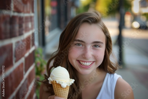 Joyful dark-haired teenage girl relishing a tempting chocolate-dipped ice cream treat