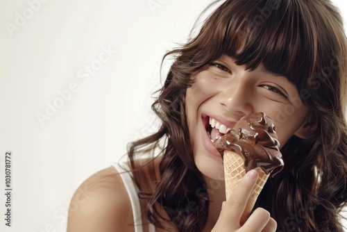 Joyful dark-haired teenage girl relishing a tempting chocolate-dipped ice cream treat