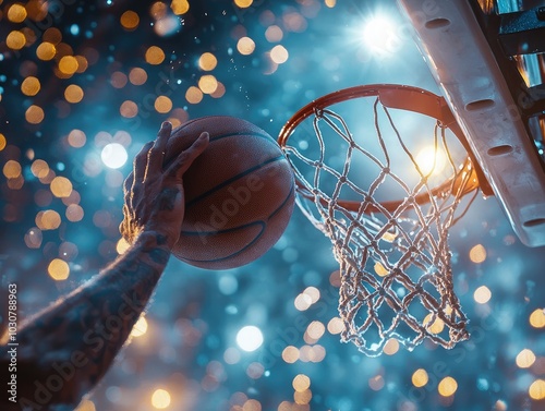 A basketball player's hand shoots a basketball into a hoop