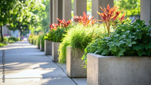 A row of concrete planters filled with various plants, including red-leaved ones, lining a sidewalk