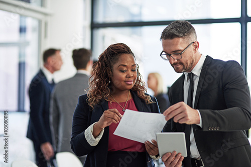 Document, tablet and business people in office with discussion, ideas or planning online report together. Man, woman and digital app in meeting with advice, schedule or support in corporate teamwork