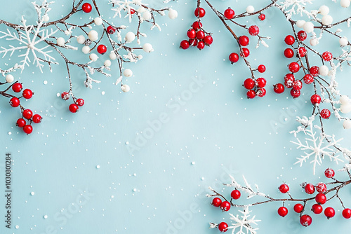 Merry Christmas and Happy Holidays greeting card, frame, banner. New Year. Copy space. Berries, branches, snowflakes on light blue background top view. Winter xmas holiday theme. Flat lay 