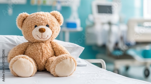 teddy bear on hospital bed in pediatric care unit, generative ai