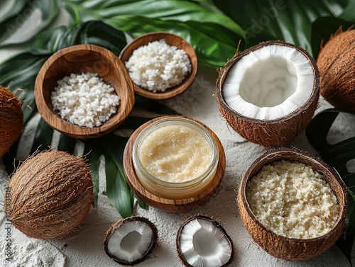 Tropical Coconut Oil Skincare Products on White Sand with Palm Leaves