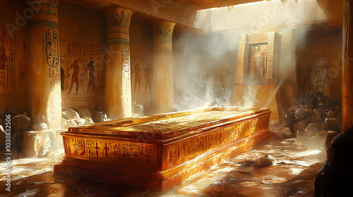 Ancient tomb interior with ornate sarcophagus and hieroglyphs.