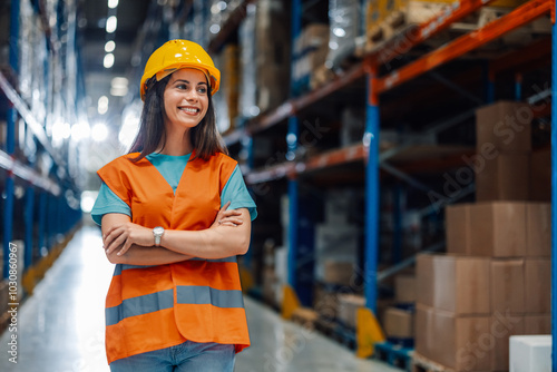 Female warehouse worker smiling with crossed arms