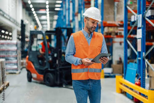 Warehouse manager using digital tablet while supervising loading processes