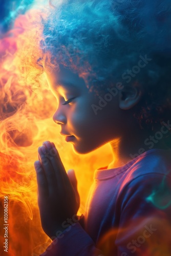 A mixed-race child quietly prays with hands clasped amid colorful swirling light. Generative AI