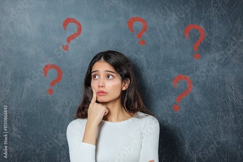 A young woman contemplates with uncertainty, surrounded by question marks on a dark background