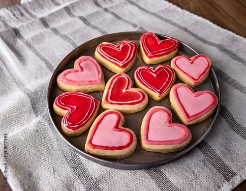 Una bandeja de galletas en forma de corazón recién horneadas, con glaseado rojo y rosa.