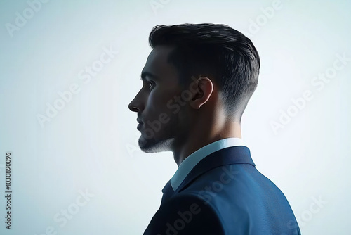 A young professional in a suit poses in profile against a light blue background