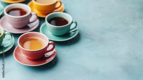 A vibrant collection of tea cups, featuring various colorful designs, arranged on a blue textured background, radiating warmth and inviting comfort.