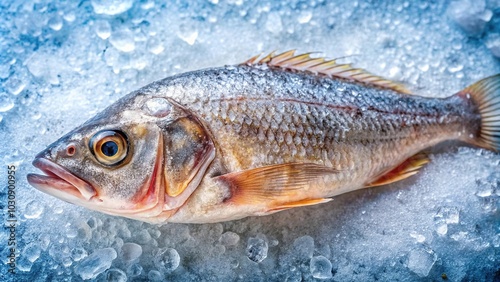 Freshly frozen grenadier fish with frost on the surface, seen from a worm's eye view