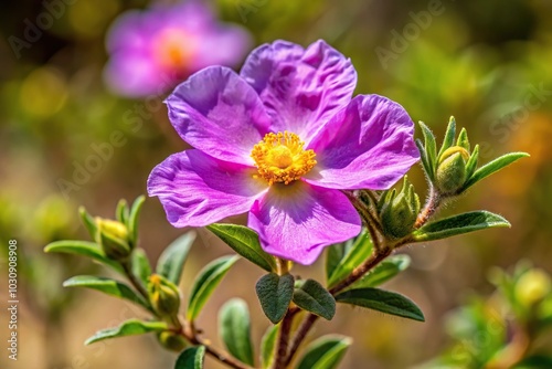 Close-up of cistus symphytifolius wild plant with purple flower in natural setting