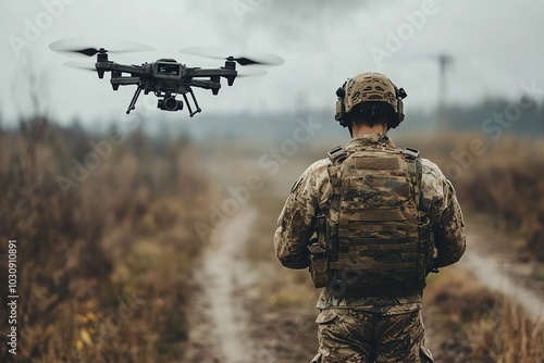 Soldier operating a drone in a field, wearing camouflage gear and helmet, with the drone hovering in the air during a reconnaissance mission