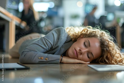 photo of an exhausted businesswoman lying on the floor at her workplace, after fainting from overwork and stress.