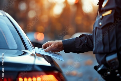 Close-up of a police officer's hand placing a parking ticket on a car windshield.