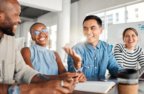 Business people, meeting and laugh in office with digital media management and group chat. Teamwork, conversation and online campaign launch and planning with laptop and diversity at startup