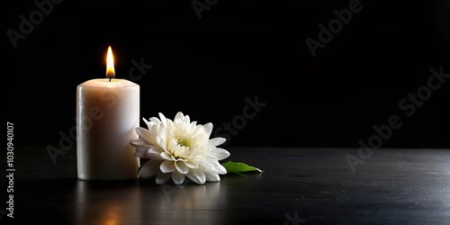 Reflected burning candle with white flower on black background