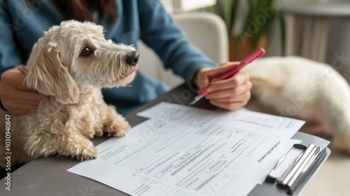 A pet owner filling out a pet insurance form online, with their pet by their side.