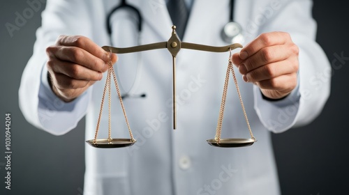 Doctor holding scales symbolizing balance between medical ethics and law