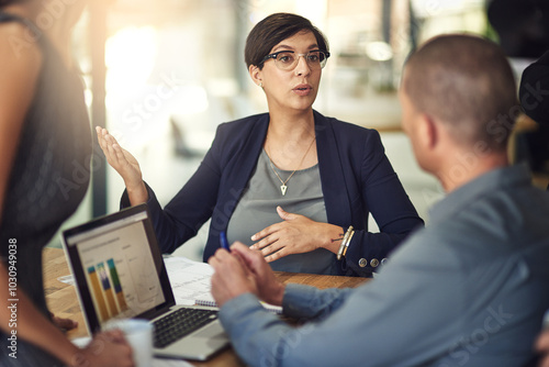 Discussion, stats and teamwork in office, laptop and email with feedback for project, talking and ideas. Brainstorming, market analyst and review of assignment, documents and people in agency