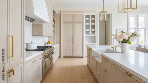 This inviting kitchen showcases light beige cabinets and white marble tiles, complete with a gas stove, decorative pots, and a lovely flower vase on the countertop