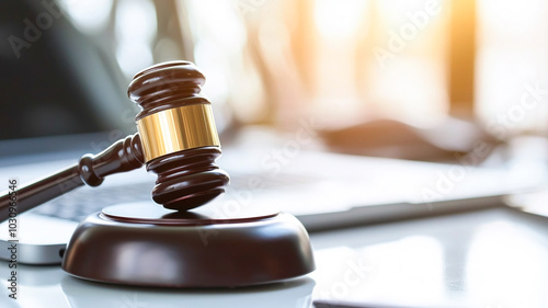 Wooden gavel resting on a desk, symbolizing justice, law, and courtroom proceedings in professional legal settings.