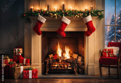 Intérieur d'une maison pendant Noël avec cheminée, chaussettes de Noël suspendues et cadeaux