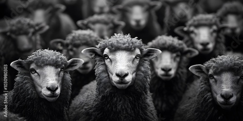 A sea of sheep with a focused gaze filling the frame creates a striking and uniform portrait