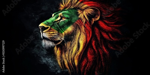 A vibrant artistic portrait of a lion's head adorned in Rastafarian colors.