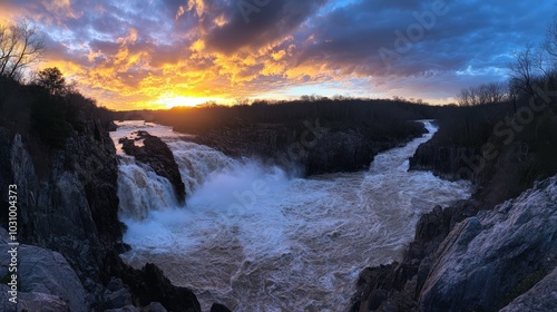 Great Falls at Sunset. Stunning Blue Sky and Dramatic Clouds over the Harsh Rocky Gorge