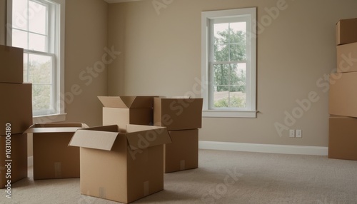 Moving boxes scattered in an empty room, representing the downsizing process. The image highlights the transition to a smaller, more manageable space and embraces a minimalist lifestyle