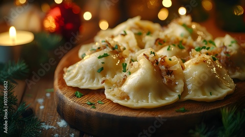 pierogi, kapusta, grzyby, polska, tradycyjne, wigilijne, jedzenie, dekoracja, rustykalne, smak, aromat, rodzinna kolacja, stół, przyjęcie, Canon EOS R5, niska przysłona, pyszności, potrawy, kulinarne,