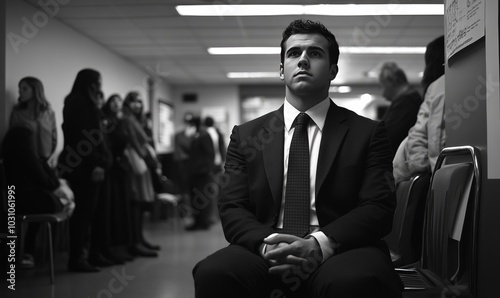 A man in a suit sits confidently during an interview in a busy office filled with candidates in long lines while waiting for their turn