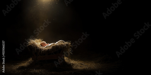 New Born Jesus Christ in Manger Under Magic Light Banner with Copy Space