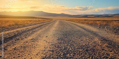 A breathtaking shot of a gravel road extending into an expansive horizon, set against a backdrop of impressive skies and land.